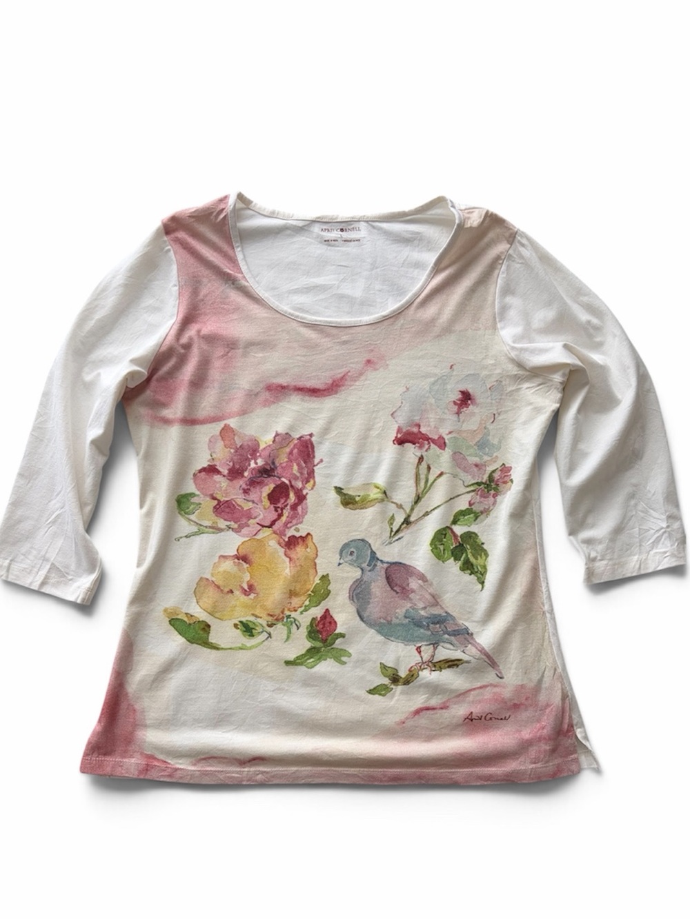 April Cornell Watercolor Floral Bird Long Sleeve Top L